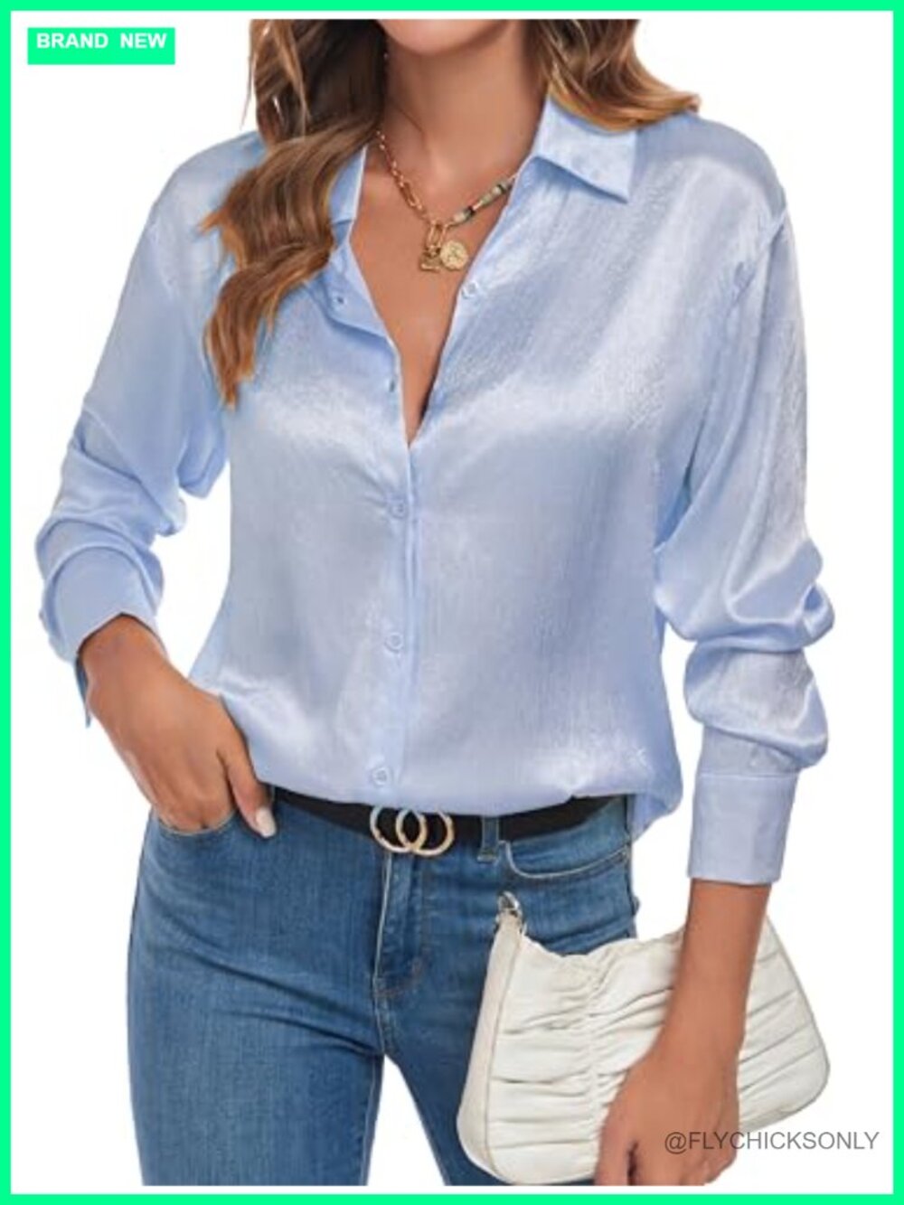 Satin Silk Texture Button Down Blouse Long Sleeve Business Casual Top